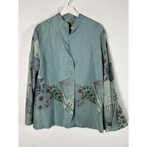 Harari Womens Silk Linen Sky Blue Flower Drum Asian-Inspired Jacket Large New